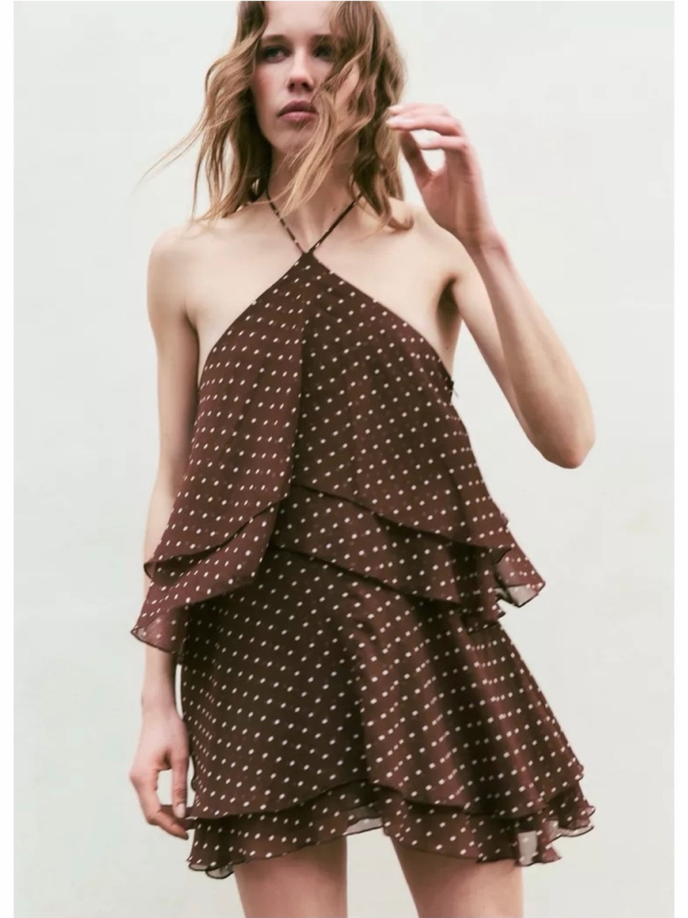 Zara Brown Polka Dot Tiered Halter Mini Dress